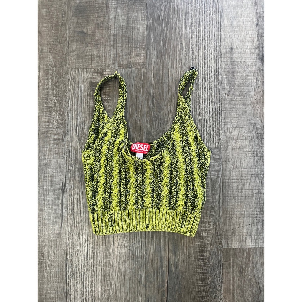 Diesel M-MILOS Cable Knit Crop Top Lime Green Black D Logo Sleeveless A11169 S